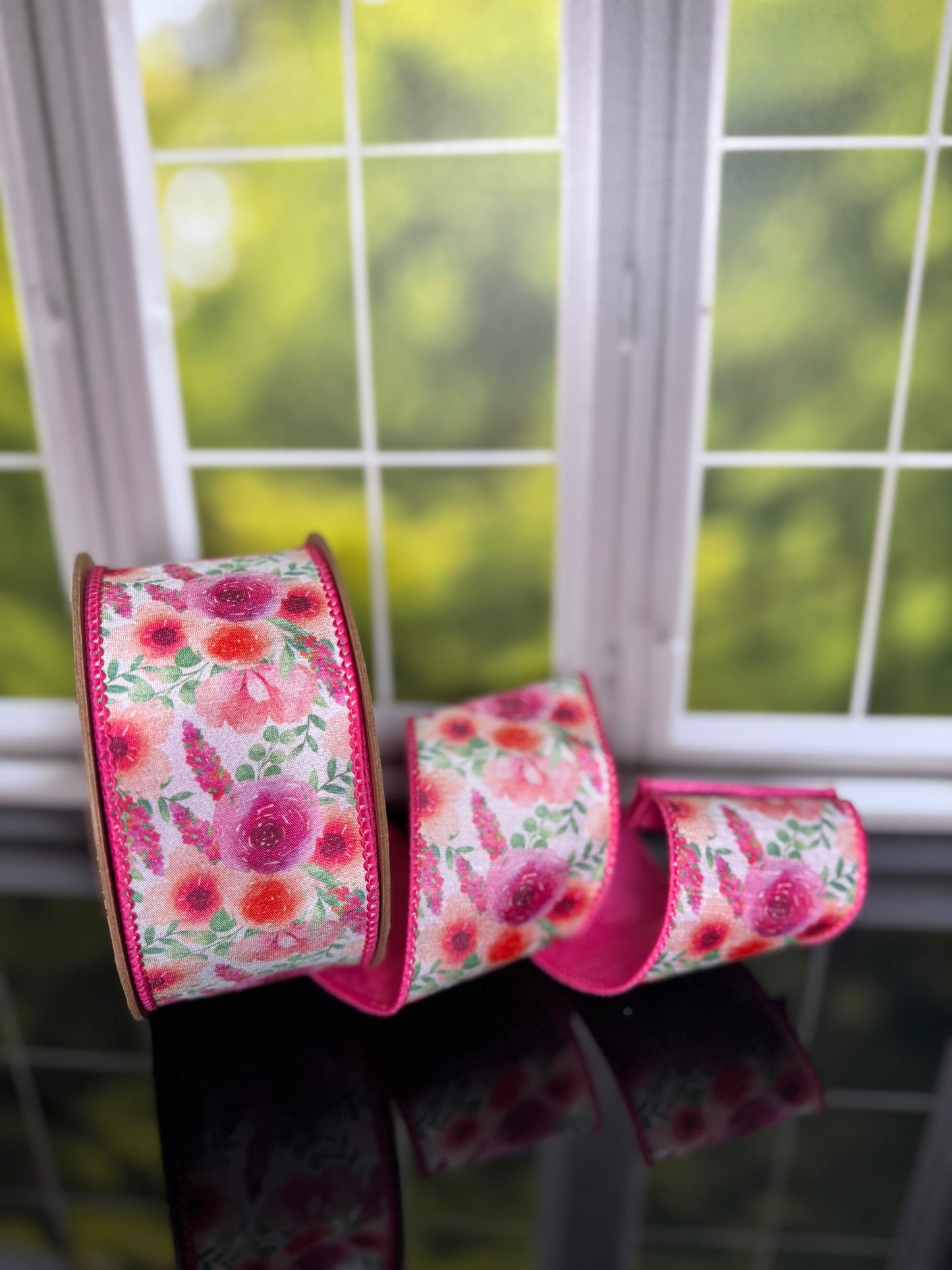 2.5"X 10YDS DUPIONI/BRIGHT FLORAL BOUQUET W/PINK BACK WIRED RIBBON WIRED RIBBON - Burlap and Bling Decor