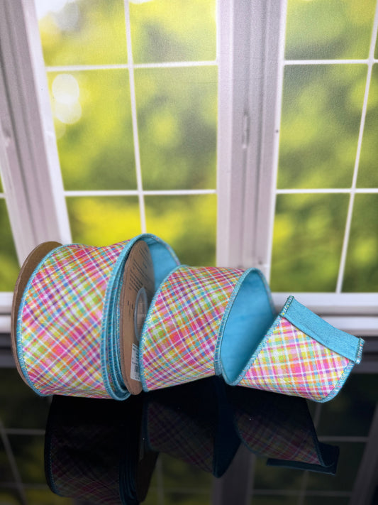 2 1/2"X 10 YRDS Dupioni Bias Plaid Blue/Yellow w/ BlueTaffeta Fused Back WIRED RIBBON - Burlap and Bling Decor
