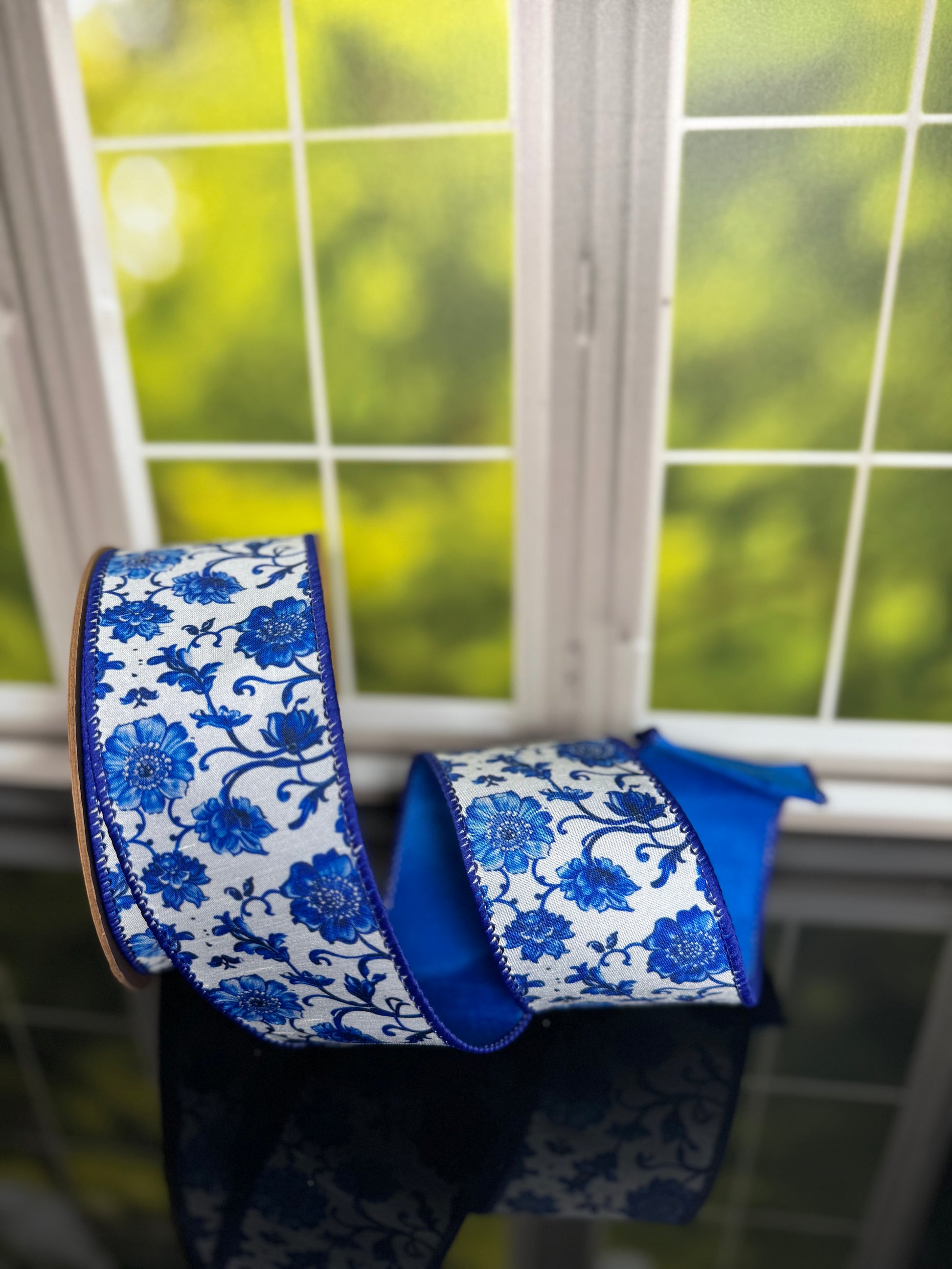 2.5"X 10YDS DUPIONI/BLUE AND CHINA FLORAL W/BLUE BACK WIRED RIBBON WIRED RIBBON - Burlap and Bling Decor