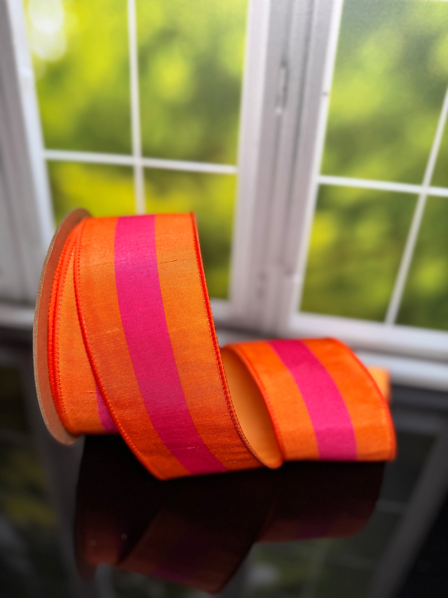 2 1/2" X 10 YRDS Dupioni| Pink on Orange Center Stripe w/ Orange BACKING WIRED RIBBON - Burlap and Bling Decor
