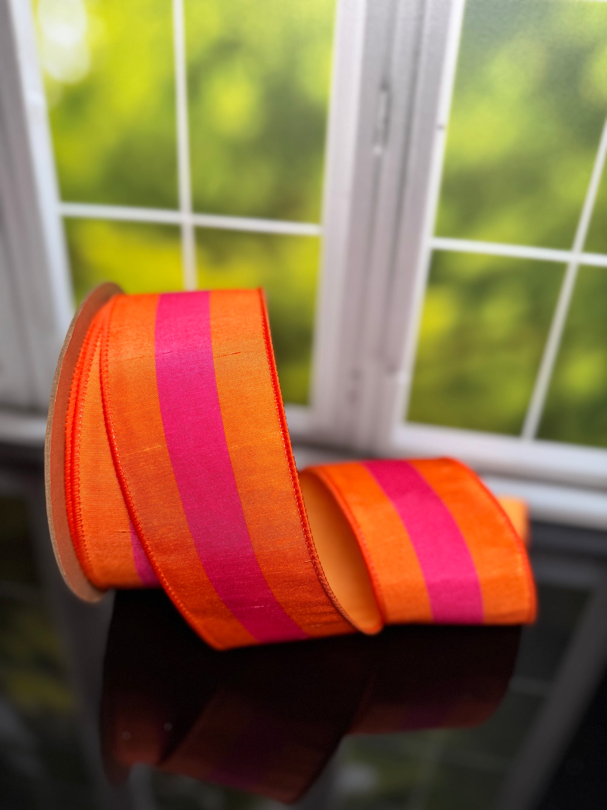 2 1/2" X 10 YRDS Dupioni| Pink on Orange Center Stripe w/ Orange BACKING WIRED RIBBON - Burlap and Bling Decor