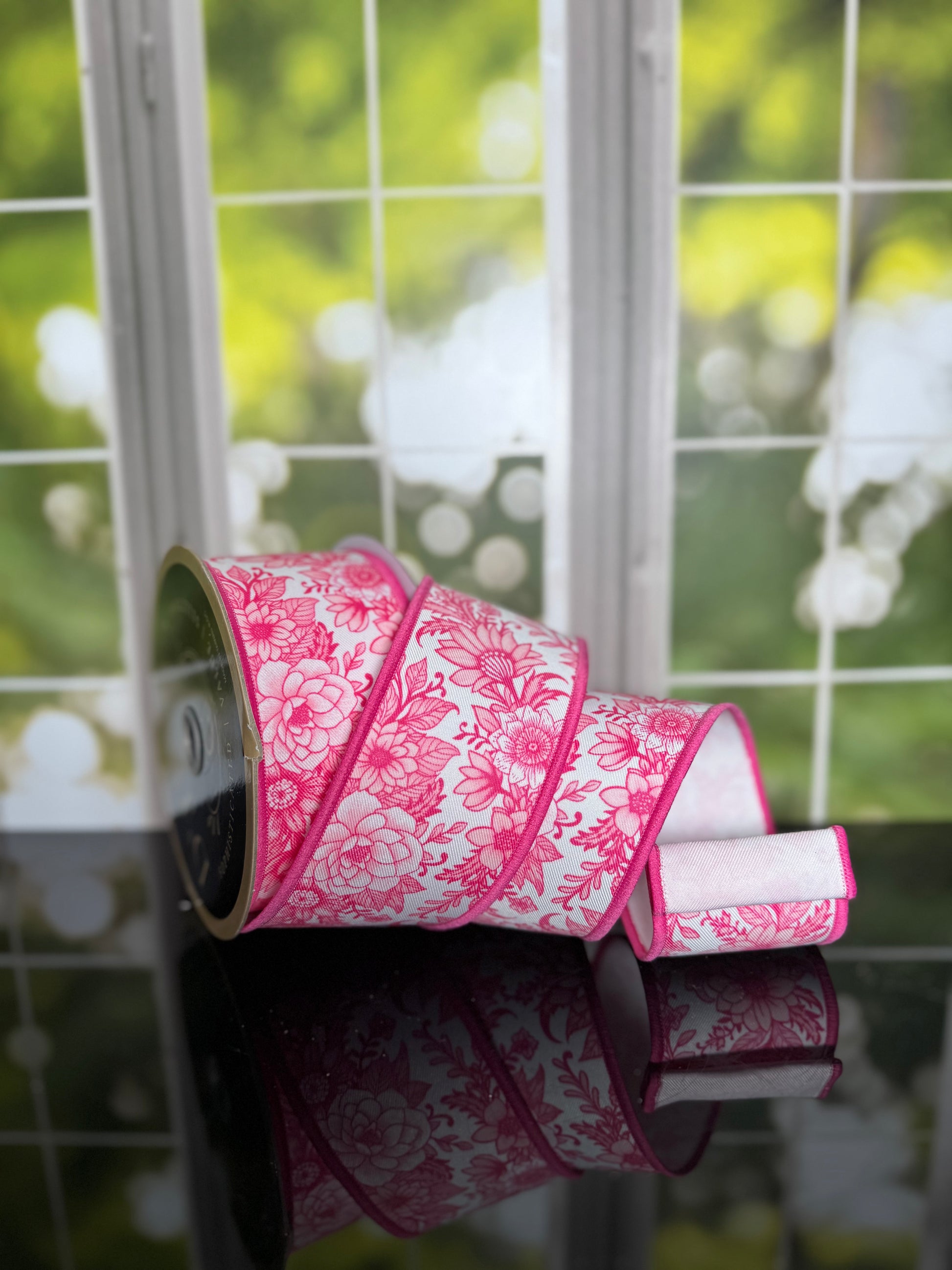 2.5"X10YD CHINOISERIE FLORALS/FUSED WHITE/MULTI PINK - Burlap and Bling Decor