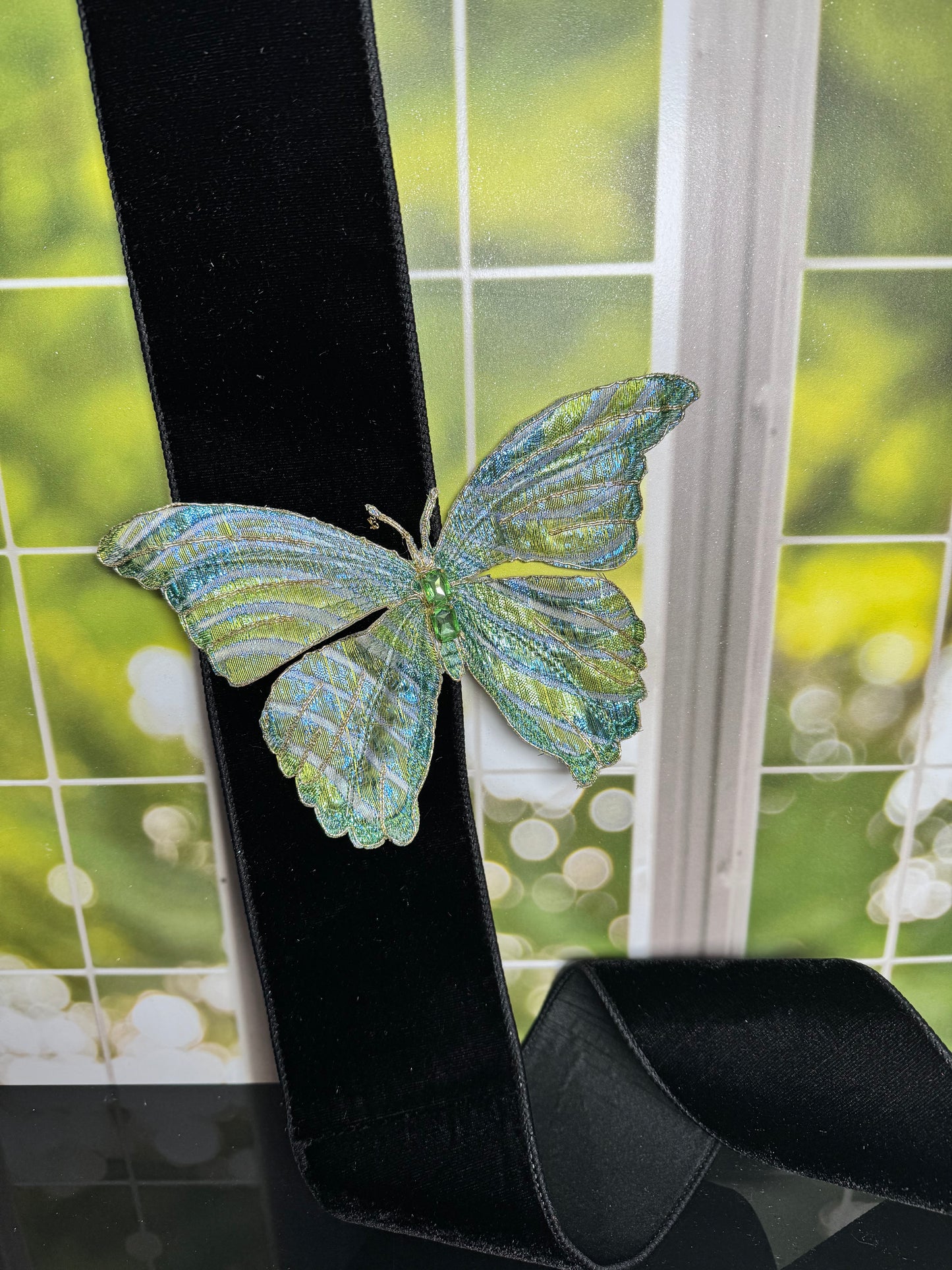 9.5“ METALLIC JACQUARD WAVE BUTTERFLY CLIP, GOLD BLUE GREEN - Burlap and Bling Decor
