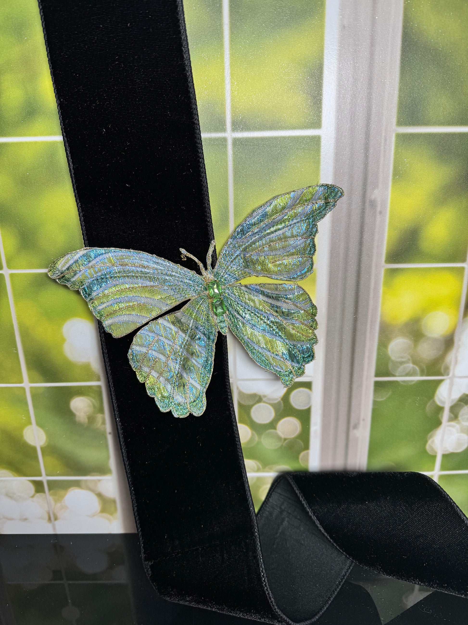 9.5“ METALLIC JACQUARD WAVE BUTTERFLY CLIP, GOLD BLUE GREEN - Burlap and Bling Decor