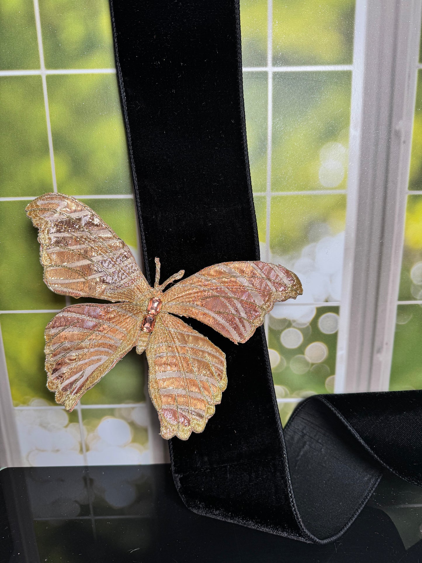 9.5“ METALLIC JACQUARD WAVE BUTTERFLY CLIP, GOLD MAUVE - Burlap and Bling Decor