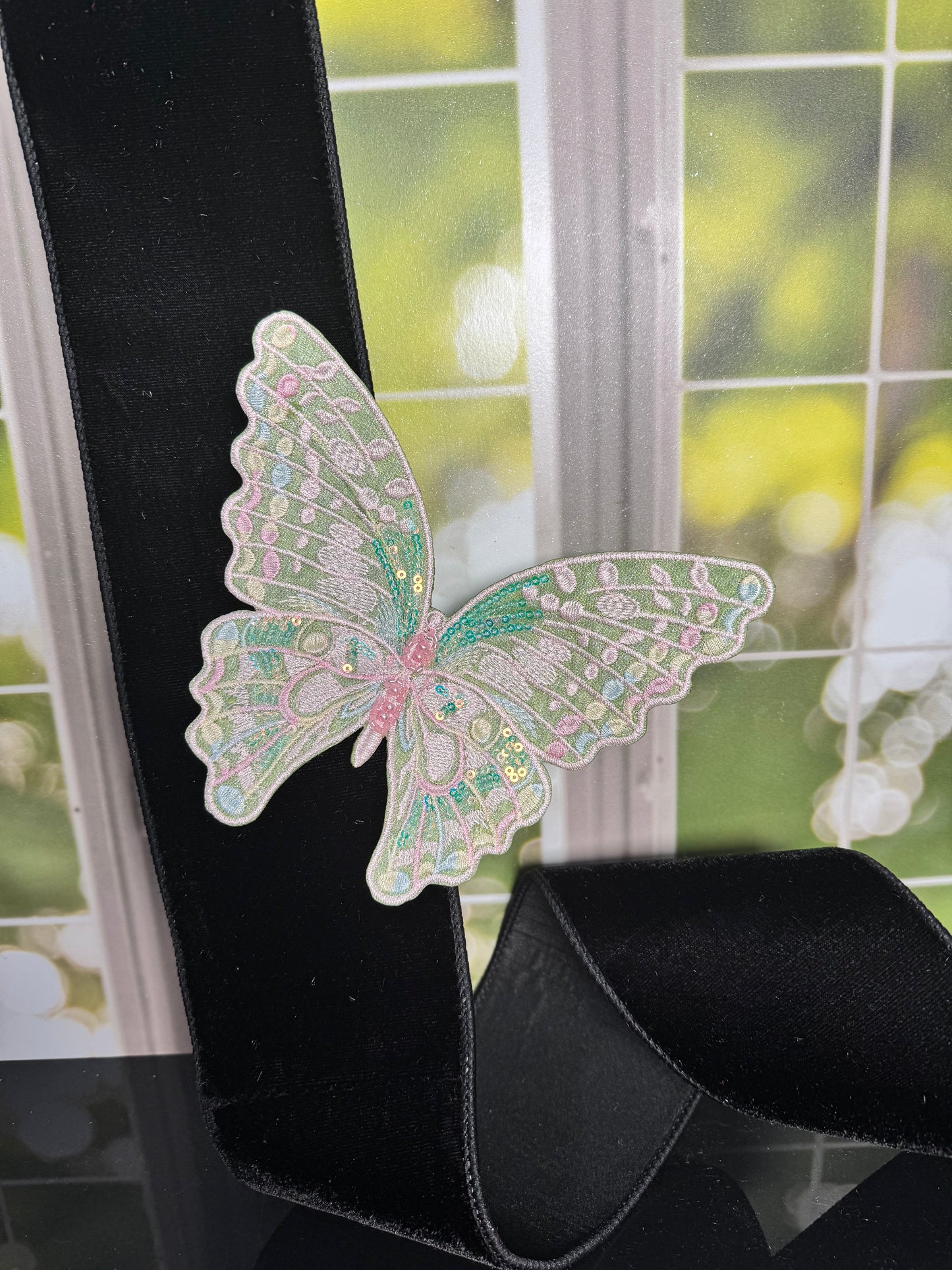 6” EMBROIDERY PASTEL BUTTERFLY CLIP, MOSS GREEN - Burlap and Bling Decor