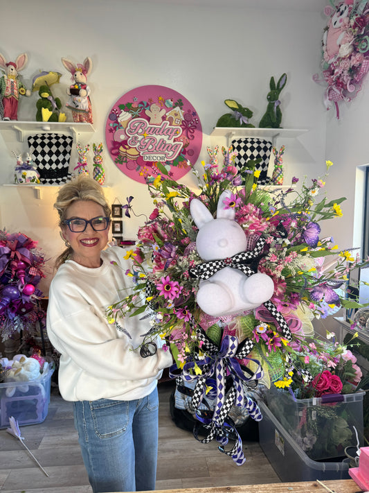 Flocked White Bunny Checkered Wreath - Burlap and Bling Decor