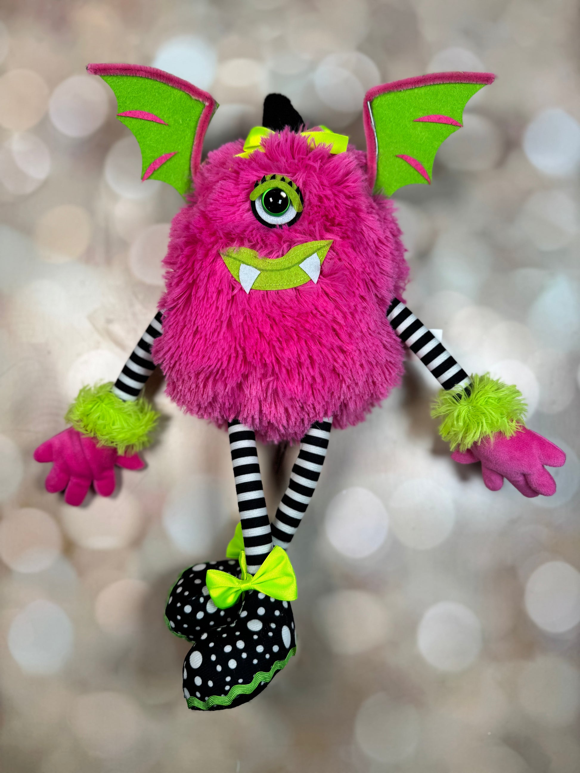 17.25"H PLUSH MONSTER W/WINGS DECOR PINK/LIME/BLACK/WHITE - Burlap and Bling Decor