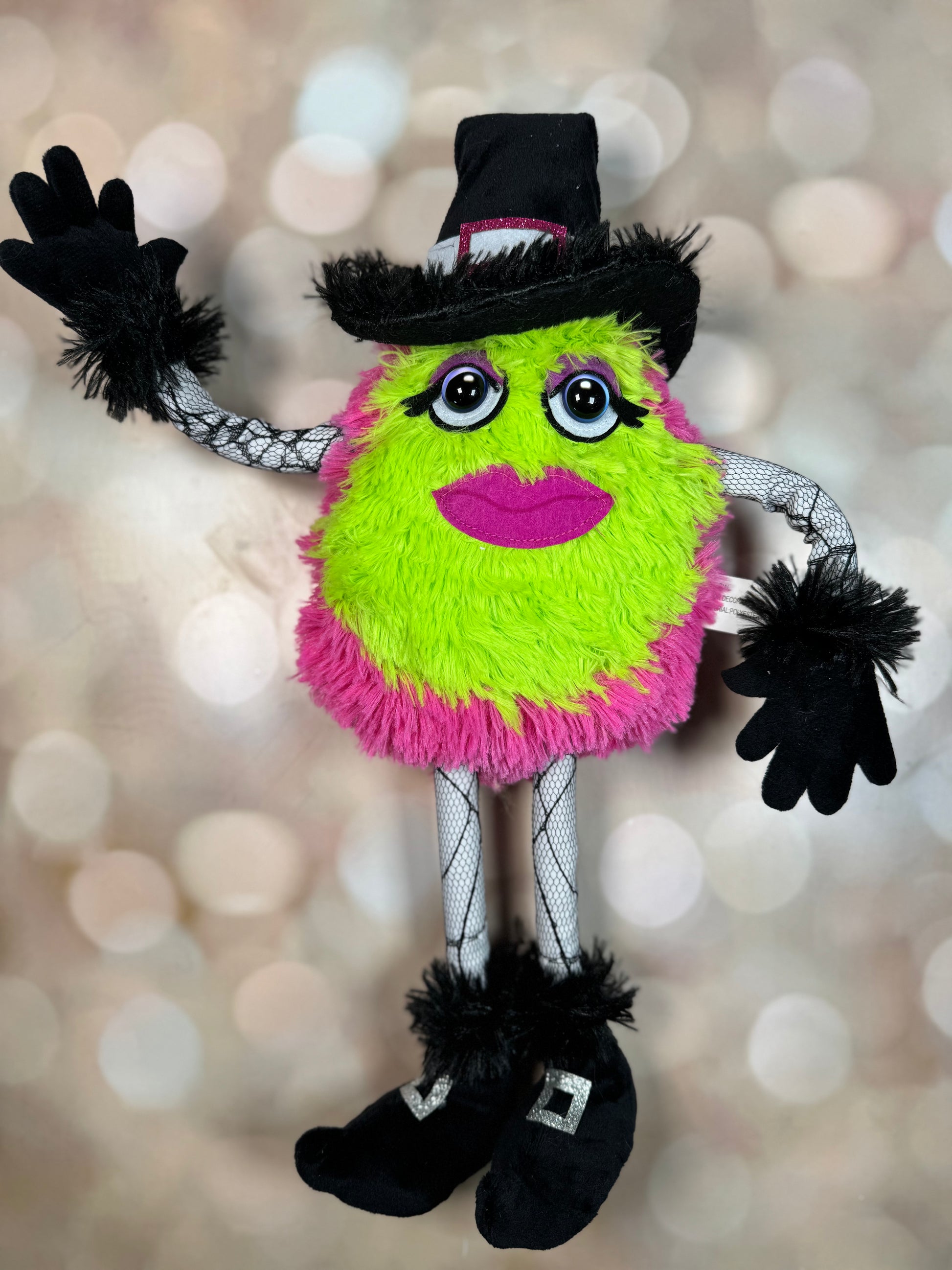 18.5"H PLUSH WITCH MONSTER DECOR LIME/PINK/BLACK/WHITE - Burlap and Bling Decor