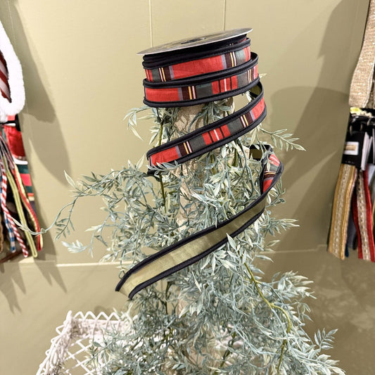 1"x10yd Royal Stewart Plaid Fused Dupion Olive Wired Ribbon
