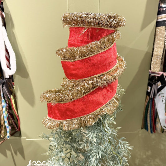4"x10yd Red Velvet DBL Sided Trim/Back Metallic Dupion Wired Ribbon