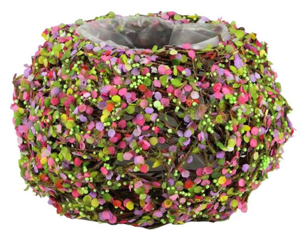 8.25"DIA X 5"H RATTAN PLANTER GREEN/PINK/BROWN