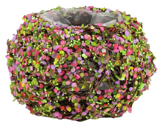 8.25"DIA X 5"H RATTAN PLANTER GREEN/PINK/BROWN