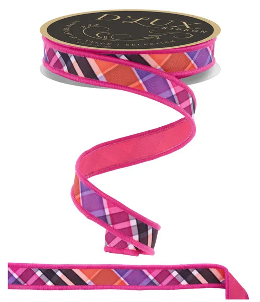 7/8"X10YD BOLD PLAID/FUSED PRPL/ORNG/BLK/HOT PINK WIRED RIBBON - Burlap and Bling Decor