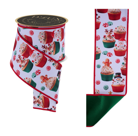 4"X10YD CHRISTMAS CUPCAKES/FUSED WHITE/RED/GREEN - Burlap and Bling Decor