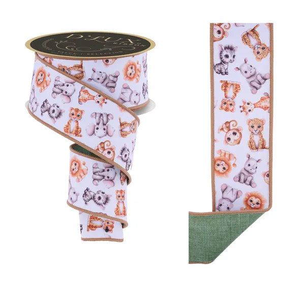 2.5"X10YDS BABY ANIMALS/FUSED WHT/ORNG/BROWN WIRED RIBBON - Burlap and Bling Decor