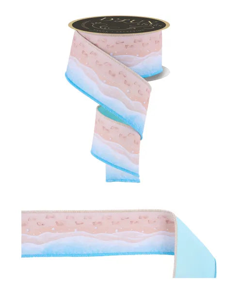 2.5"X10YD FOOTPRINTS ON THE BEACH/FUSED WHITE/TAN/TURQ WIRED RIBBON