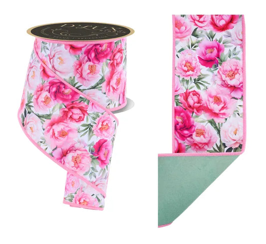 4"X10YD PEONIES/FUSED WHITE/PINK/MULTI