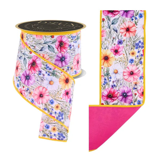 4"X10YD MIXED WILDFLOWERS/FUSED WHT/PCH/CRL/FUCHSIA