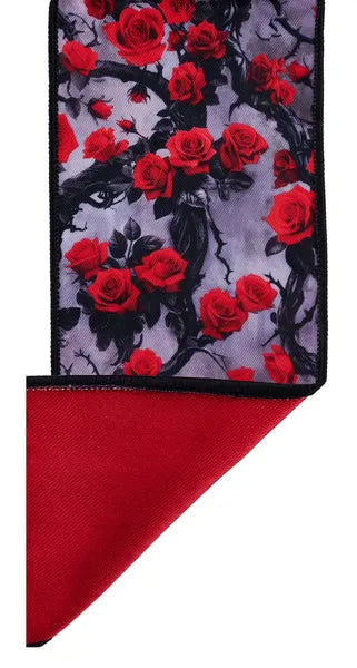 4"X10YD ROSES AND VINES/FUSED MULTI RED/GREY/BLACK WIRED RIBBON - Burlap and Bling Decor