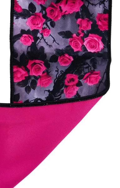 4"X10YD ROSES AND VINES/FUSED HOT PINK/GREY/BLACK WIRED RIBBON - Burlap and Bling Decor