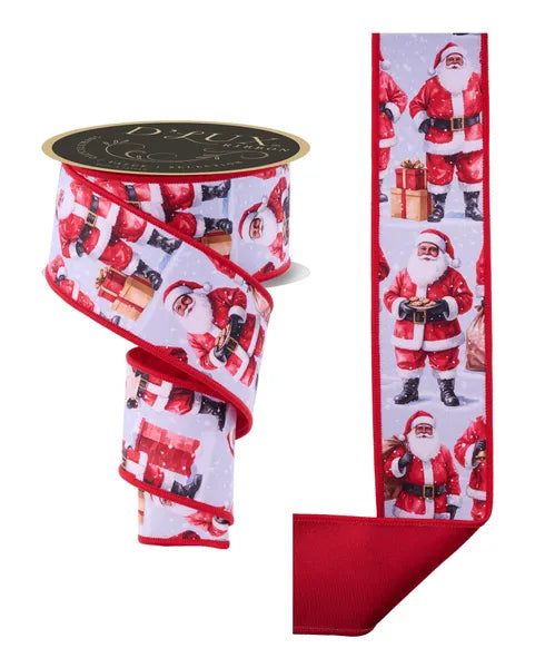 2.5"X10YD SANTA CLAUS/FUSED WHT/RED/BLACK/BRWN WIRED RIBBON - Burlap and Bling Decor