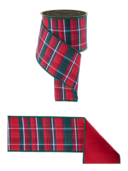 4"X10YD DASHED PLAID/FUSED WHITE/RED/EMERALD WIRED RIBBON