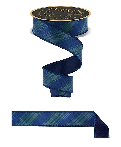 1.5"X10YD DIAGONAL PRINT PLAID/ NAVY BLUE/EMERALD GREEN