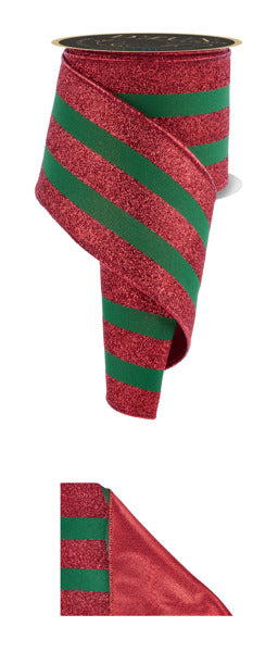 4"X10YD VERT GLITTER STRIPE/SEWN EMERALD/RED - Burlap and Bling Decor