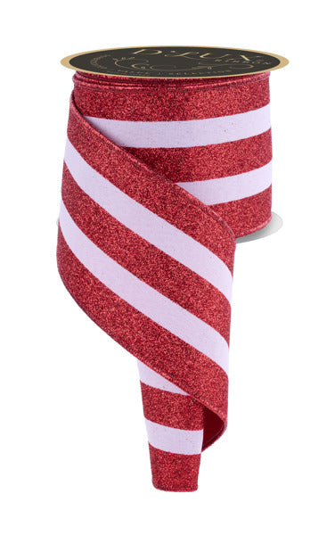 4"X10YD VERT GLITTER STRIPE/FUSED-WHITE/RED