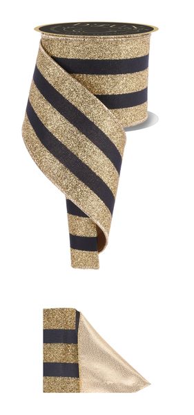 4"X10YD VERT GLITTER STRIPE/SEWN BLACK/GOLD WIRED RIBBON - Burlap and Bling Decor