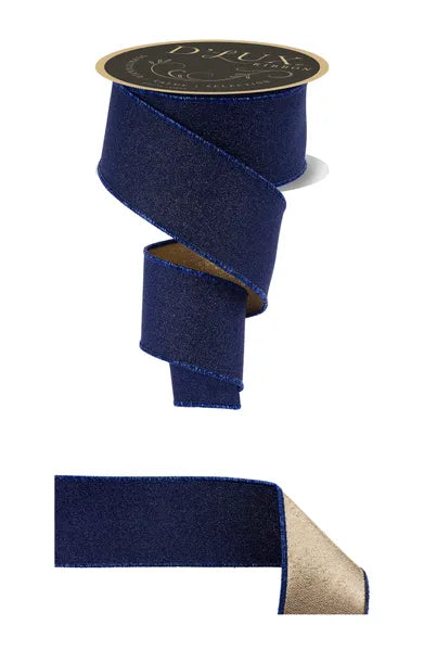 2.5"X10YD FINE GLITTER/FUSED NAVY BLUE/GOLD WIRED RIBBON - Burlap and Bling Decor