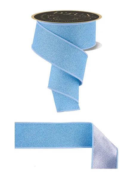 2.5"X10YD FINE GLITTER/FUSED PALE BLUE/SILVER WIRED RIBBON - Burlap and Bling Decor