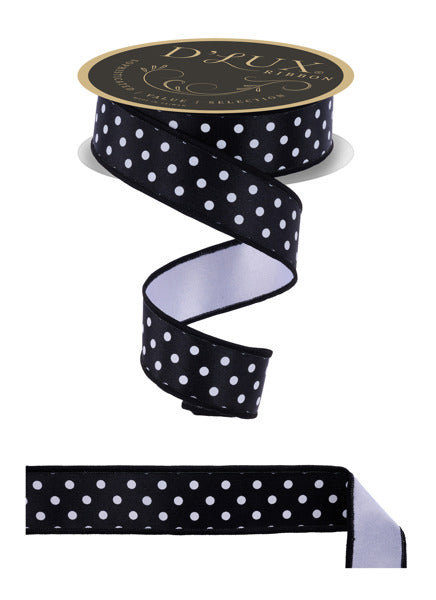 1.5"X10YD SMALL POLKA DOT/FUSED BLACK/WHITE WHITE BACK