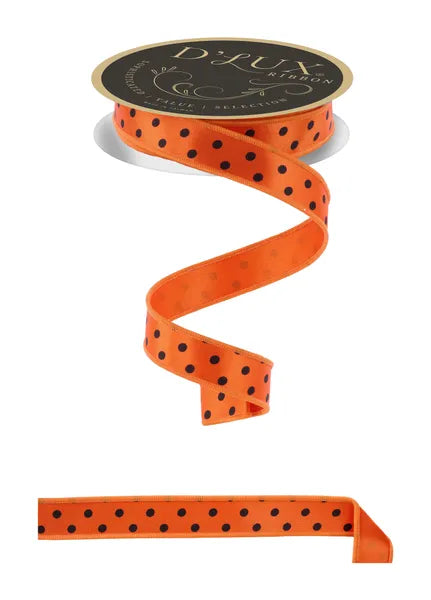 7/8"X10YDS SMALL POLKA DOT/FUSED ORANGE/BLACK WIRED RIBBON - Burlap and Bling Decor