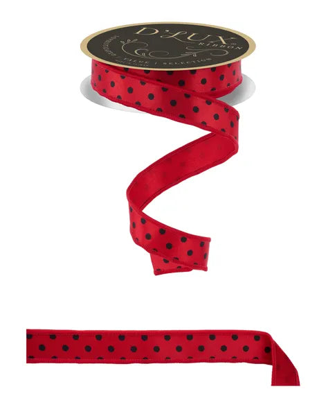 7/8"X10YD SMALL POLKA DOT/FUSED RED/BLACK WIRED RIBBON - Burlap and Bling Decor