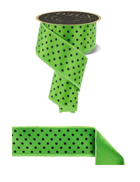 2.5"X10YD SMALL POLKA DOT/FUSED FRESH GREEN/BLACK WIRED RIBBON - Burlap and Bling Decor