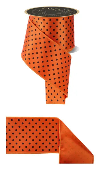 4"X10YD SMALL POLKA DOT FUSED ORANGE/BLACK WIRED RIBBON - Burlap and Bling Decor