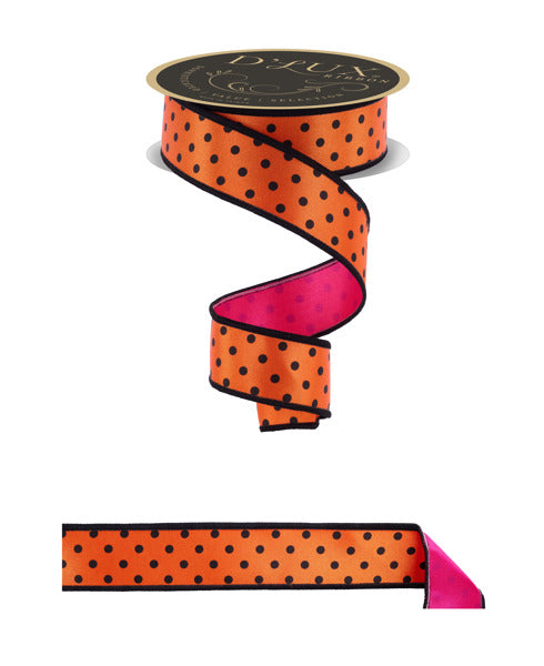 1.5"X10YD SMALL POLKA DOT/FUSED ORANGE/BLACK/HOT PINK - Burlap and Bling Decor