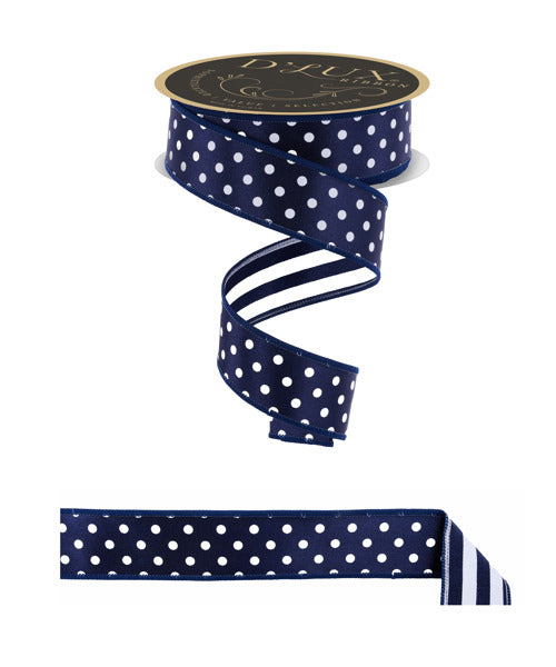 1.5"X10YD POLKA DOT/STRIPE/FUSED NAVY BLUE/WHITE - Burlap and Bling Decor