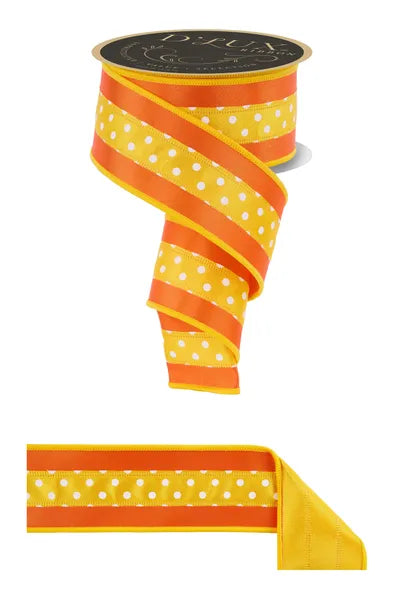 2.5"X10YD 3-IN-1 POLKA DOT/FUSED YELLOW/WHITE/ORANGE - Burlap and Bling Decor