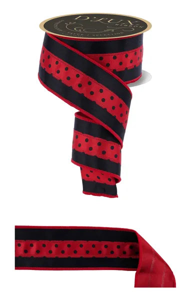 2.5"X10YD POLKA DOT,FUSED RED,BLACK WIRED RIBBON
