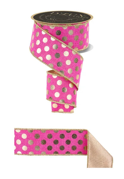 2.5"X10YD METALLIC POLKA DOT BACK FUCHSIA/GOLD WIRED RIBBON - Burlap and Bling Decor
