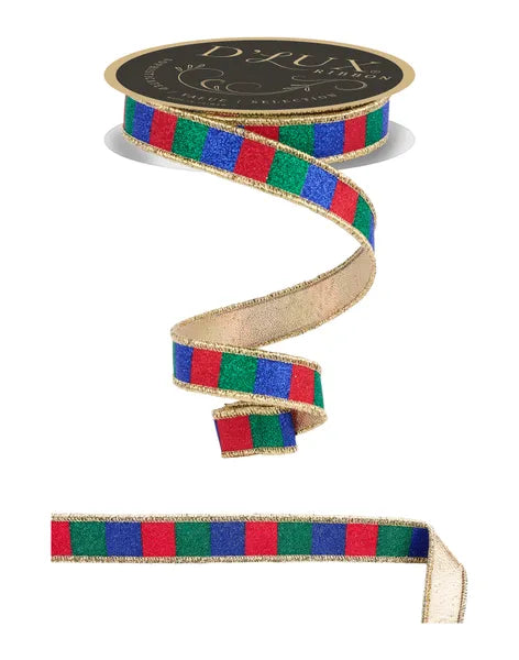 7/8"X10YD GLITTER STRIPE/FUSED RED/EMERALD/ROYAL BLUE WIRED RIBBON - Burlap and Bling Decor