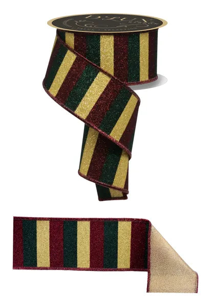 2.5"X10YD GLITTER STRIPE/FUSED BURG/GOLD/HUNTER WIRED RIBBON - Burlap and Bling Decor