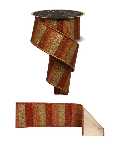 2.5"X10YD GLITTER STRIPE/FUSED DK CPPR/COPPER/LT COPPER WIRED RIBBON - Burlap and Bling Decor
