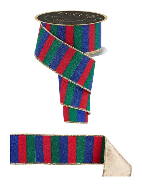 2.5"X10YD GLITTER STRIPE/FUSED RED/EMERALD/ROYAL BLUE WIRED RIBBON - Burlap and Bling Decor