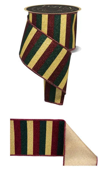 4"X10YD GLITTER STRIPE/FUSED BURG/GOLD/HUNTER WIRED RIBBON - Burlap and Bling Decor
