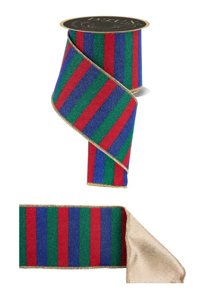 4"X10YD GLITTER STRIPE/FUSED RED/EMERALD/ROYAL BLUE WIRED RIBBON - Burlap and Bling Decor