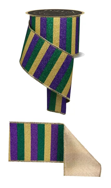 4"X10YD GLITTER STRIPE/FUSED MARDI GRAS - Burlap and Bling Decor